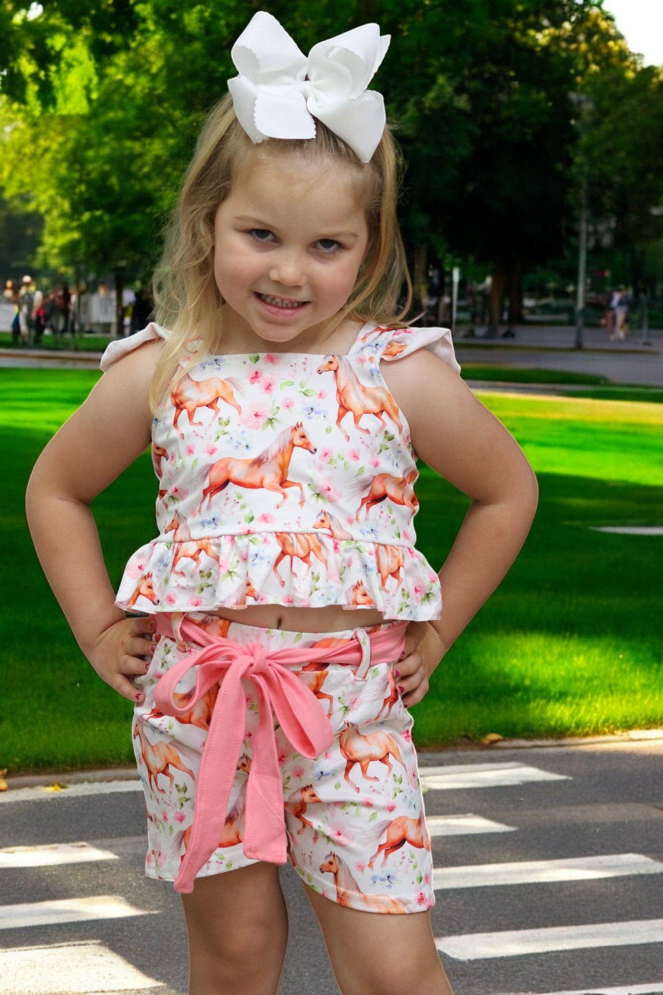 (Western) Horse printed girls short set w/open back.