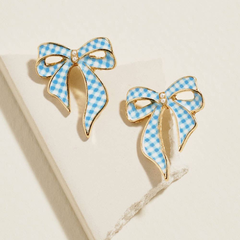 Gingham Pattern Bow Stud Earrings