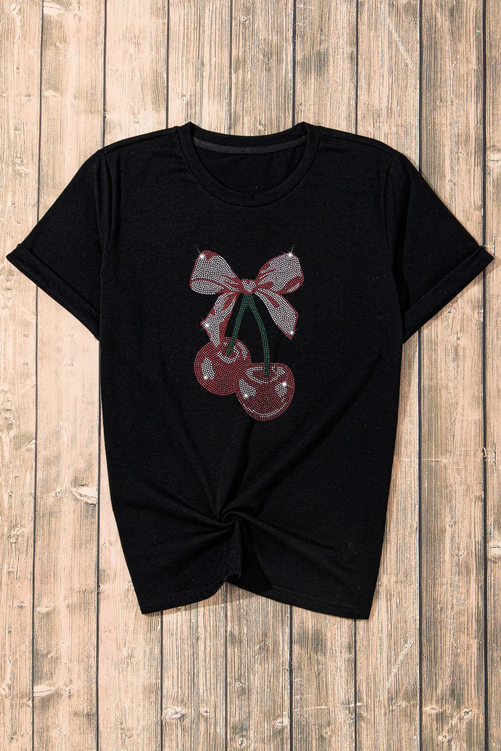Cherry Graphic Round Neck Short Sleeve T-Shirt featuring a stylish cherry design on a black background.