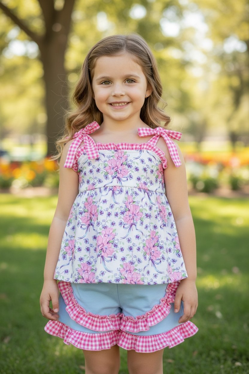 Purple/pink floral tunic with gingham straps and blue shorts.