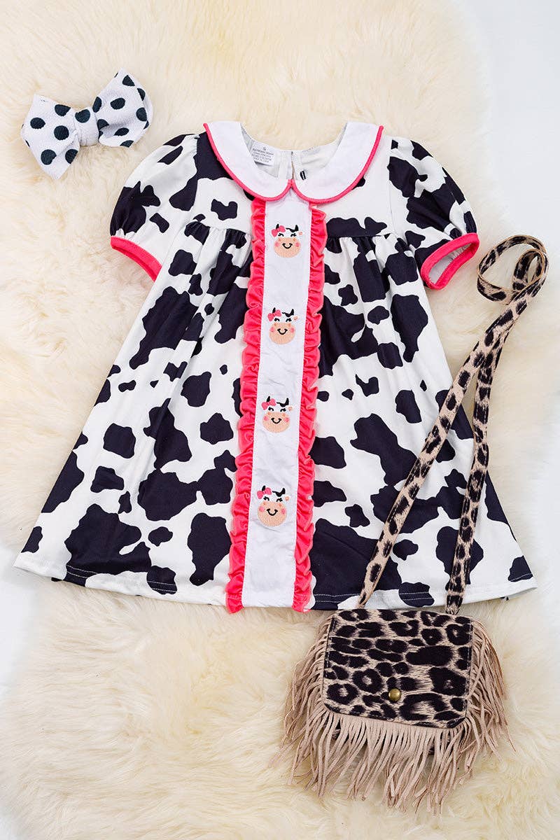 🐮Cow spotted dress with embroidered cows & fuchsia trim🐮