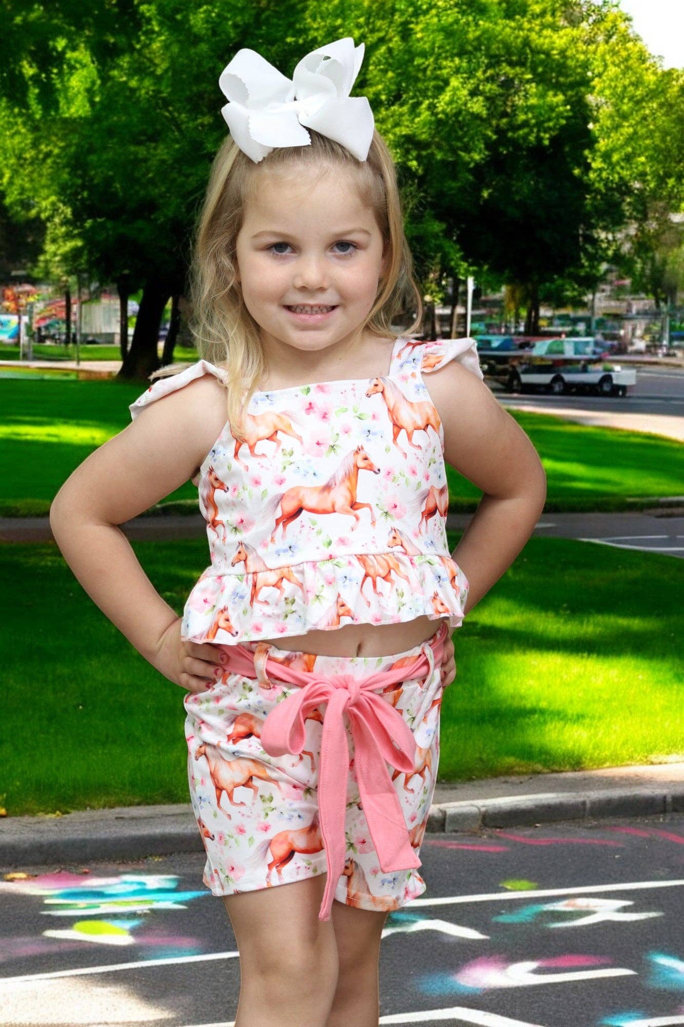 (Western) Horse printed girls short set w/open back.