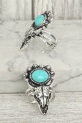 Western Turquoise Longhorn Skull Cuff Ring
