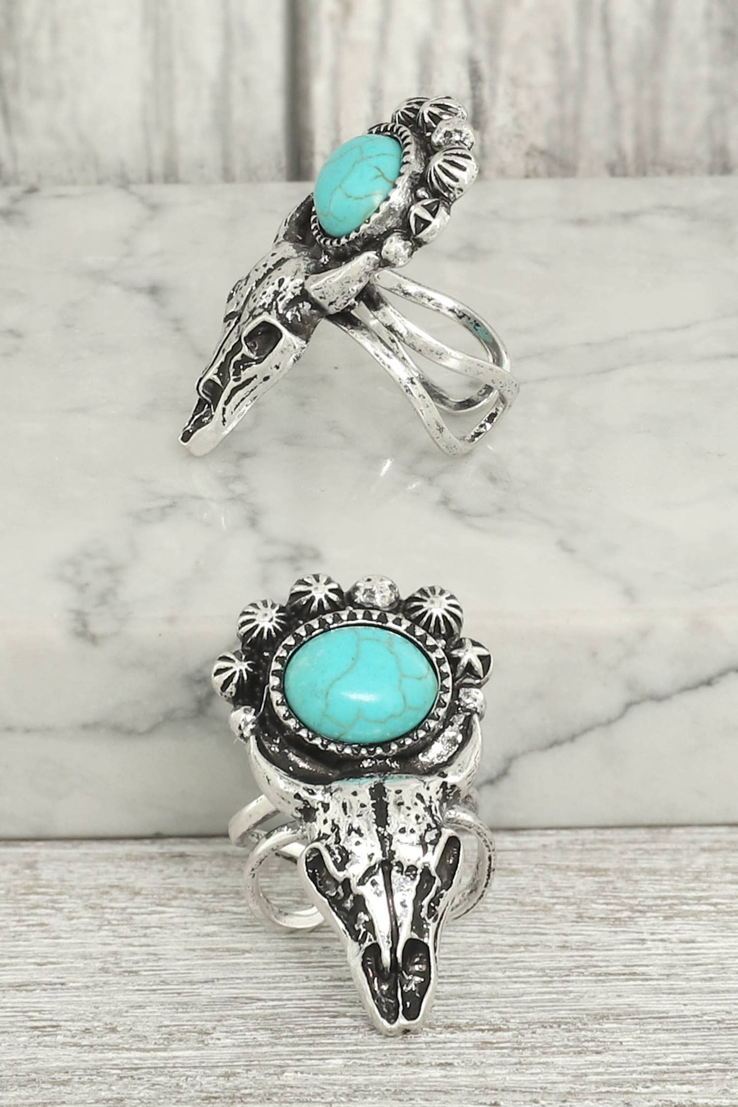 Western Turquoise Longhorn Skull Cuff Ring
