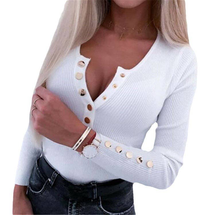 Women Casual Solid Color Long Sleeve Button T-Shirt