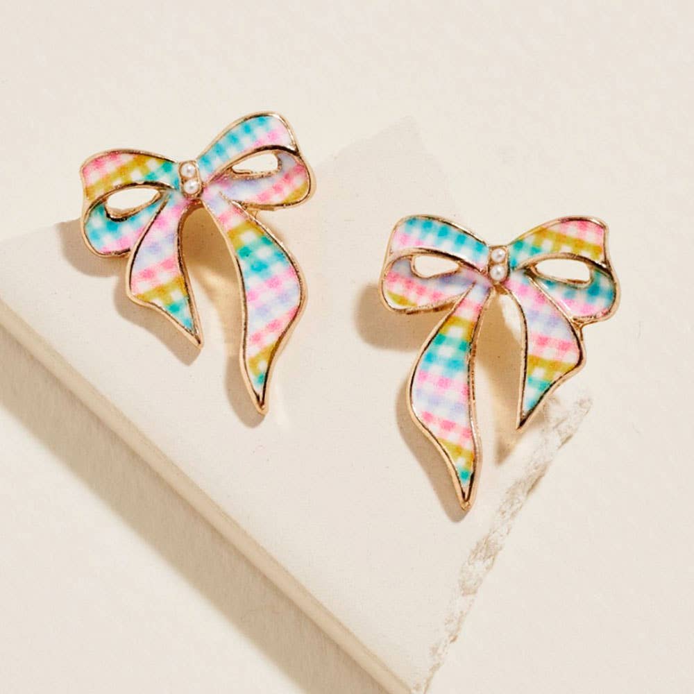 Gingham Pattern Bow Stud Earrings