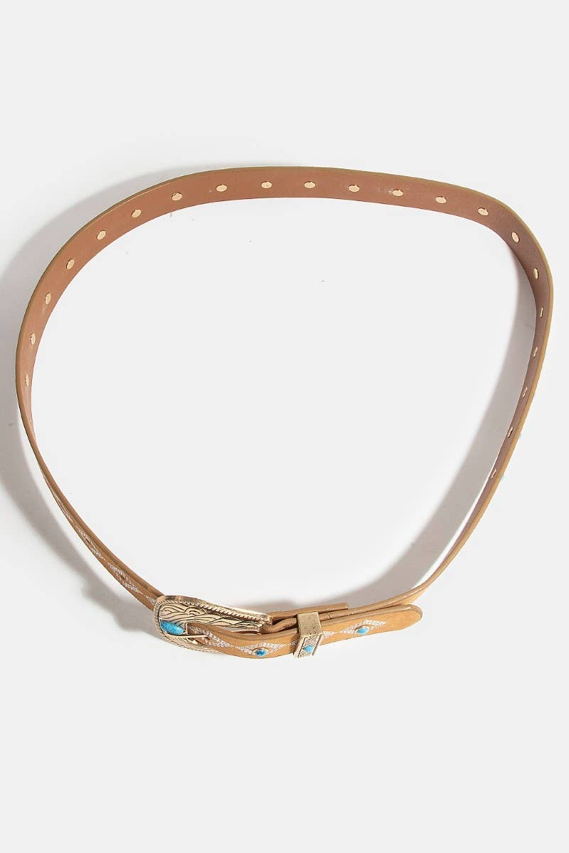 Turquoise Studs Western Concho Buckle Vegan Leather Belt