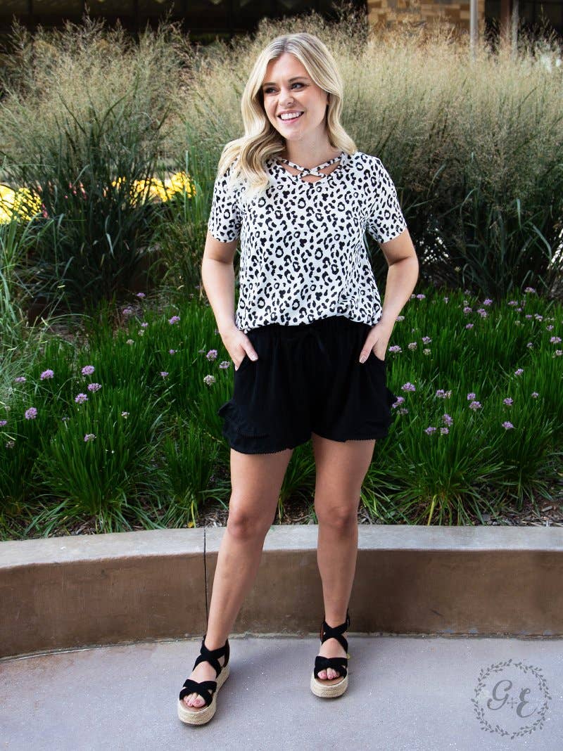 Summer Nights Black Shorts with Mini Pom Trim and Pockets