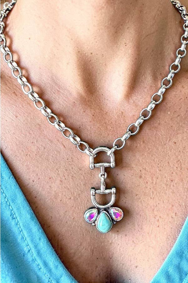 WESTERN SNAFFLE BIT TQ GEMSTONE PENDANT CHAIN NECKLACE