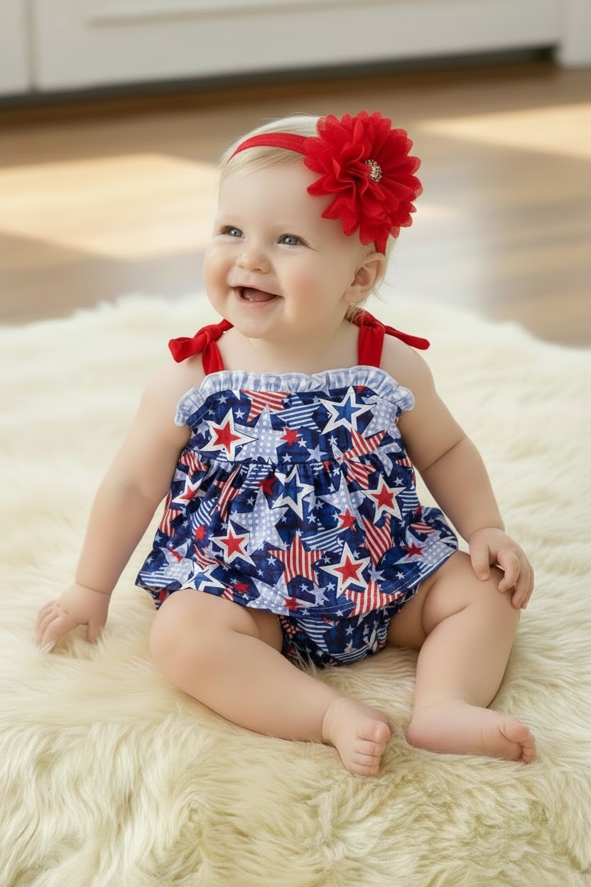 Patriotic star printed tunic & baby bloomers with ruffle butt.
