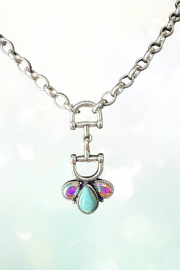 WESTERN SNAFFLE BIT TQ GEMSTONE PENDANT CHAIN NECKLACE