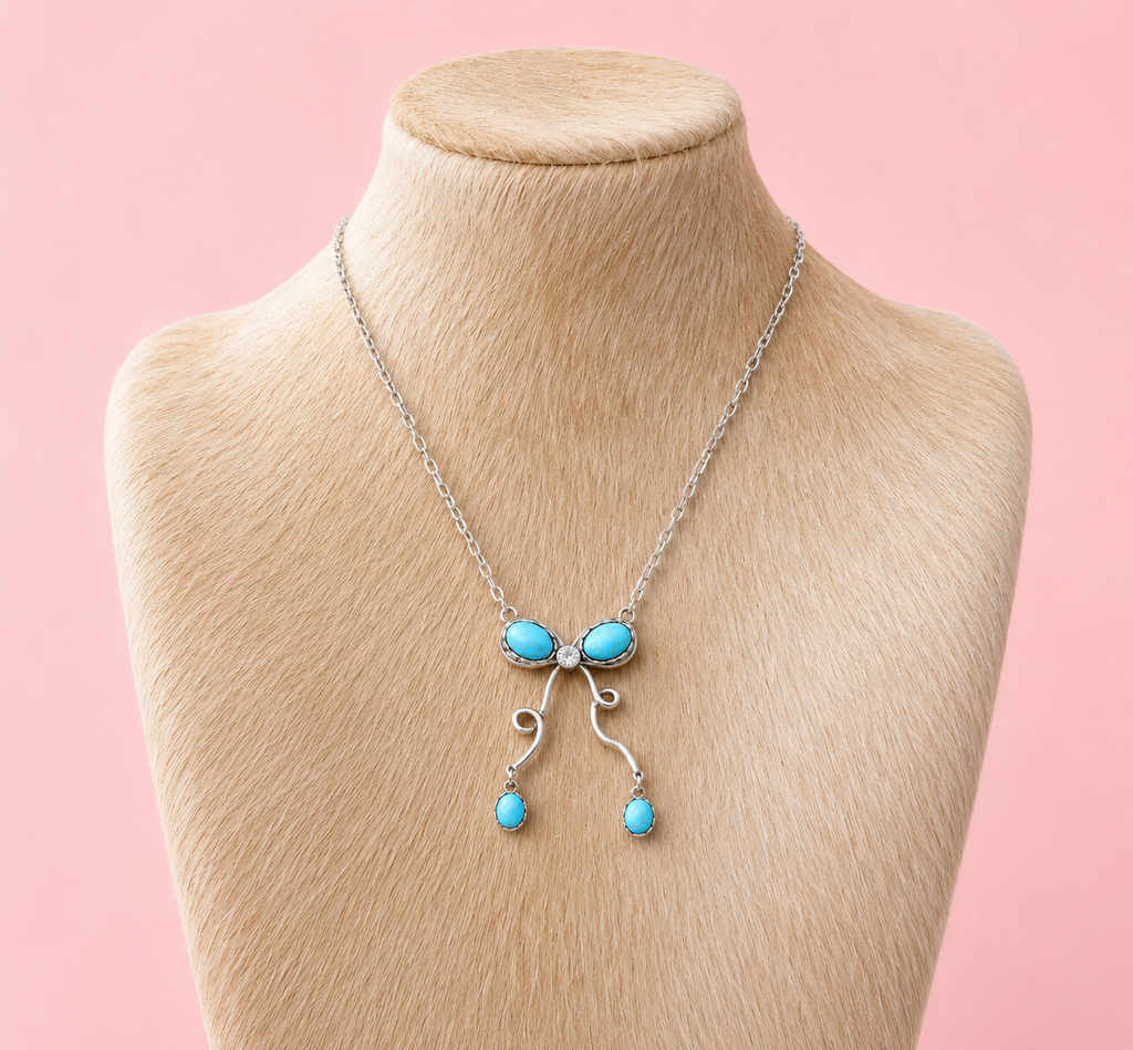 Western Style Turquoise Stone Coquette Bow Pendant Necklace