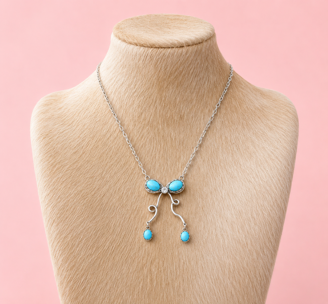 Western Style Turquoise Stone Coquette Bow Pendant Necklace