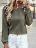 Leopard Print Crochet Patchwork Rib Textured Knit Top
