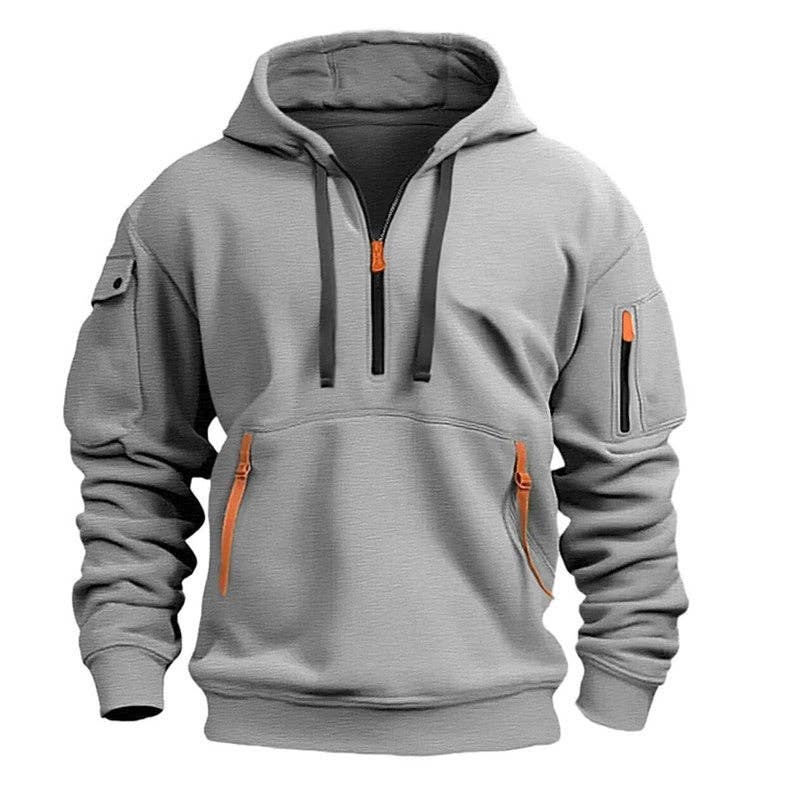 Men's Hooded Zip-Up Sweatshirt With Pockets Jacket in grey with orange accents and zippers.
