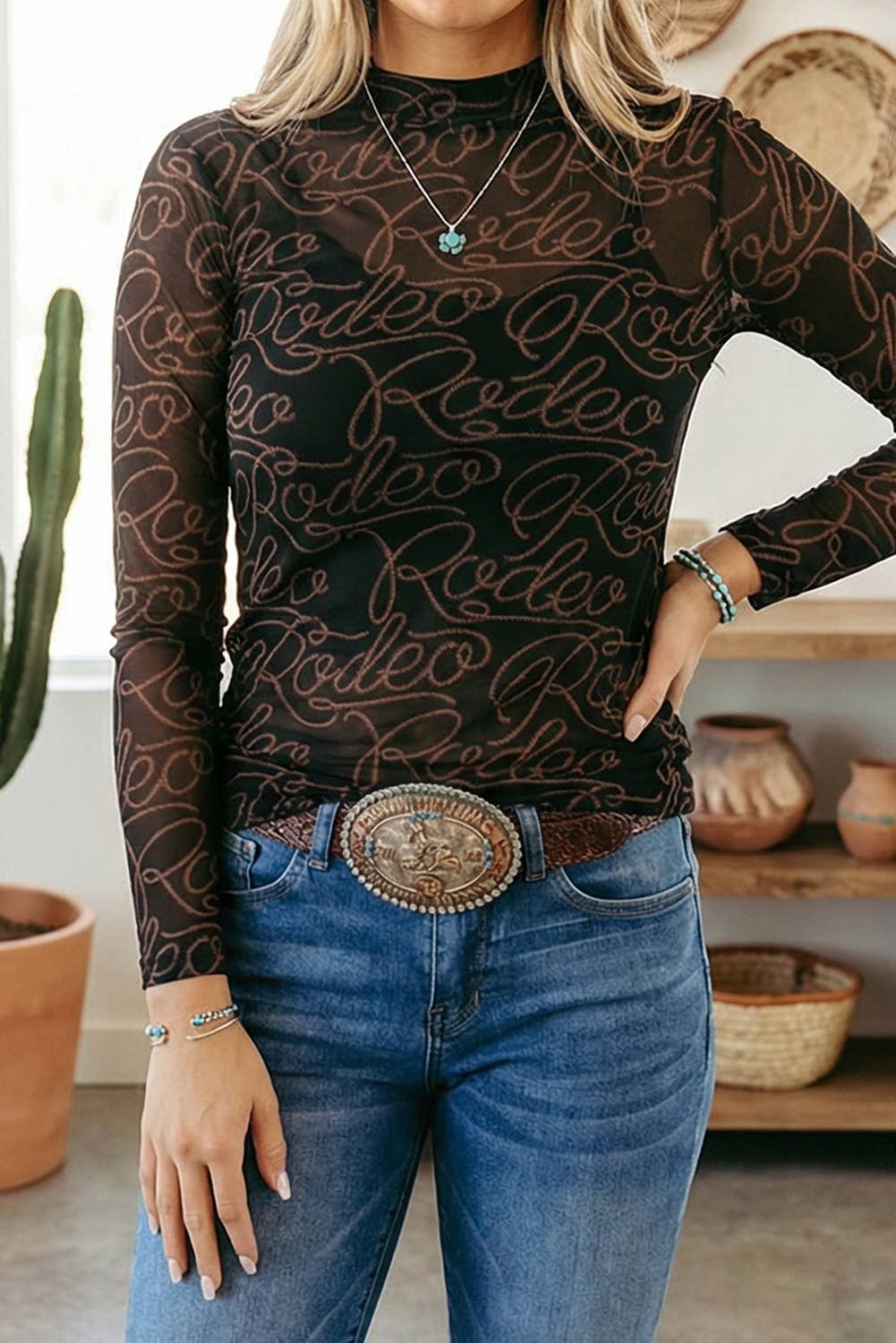 Western Rodeo Printed Mock Neck Long Sleeve Mesh Top