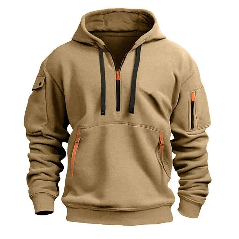 Men's Hooded Zip-Up Sweatshirt With Pockets Jacket in beige, featuring comfortable design and practical pockets.