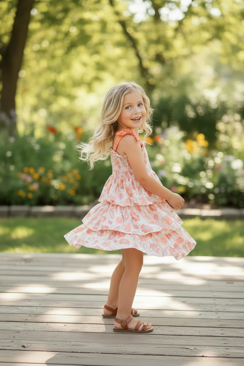 3 Tiered layered dress w/orange printed paisley.