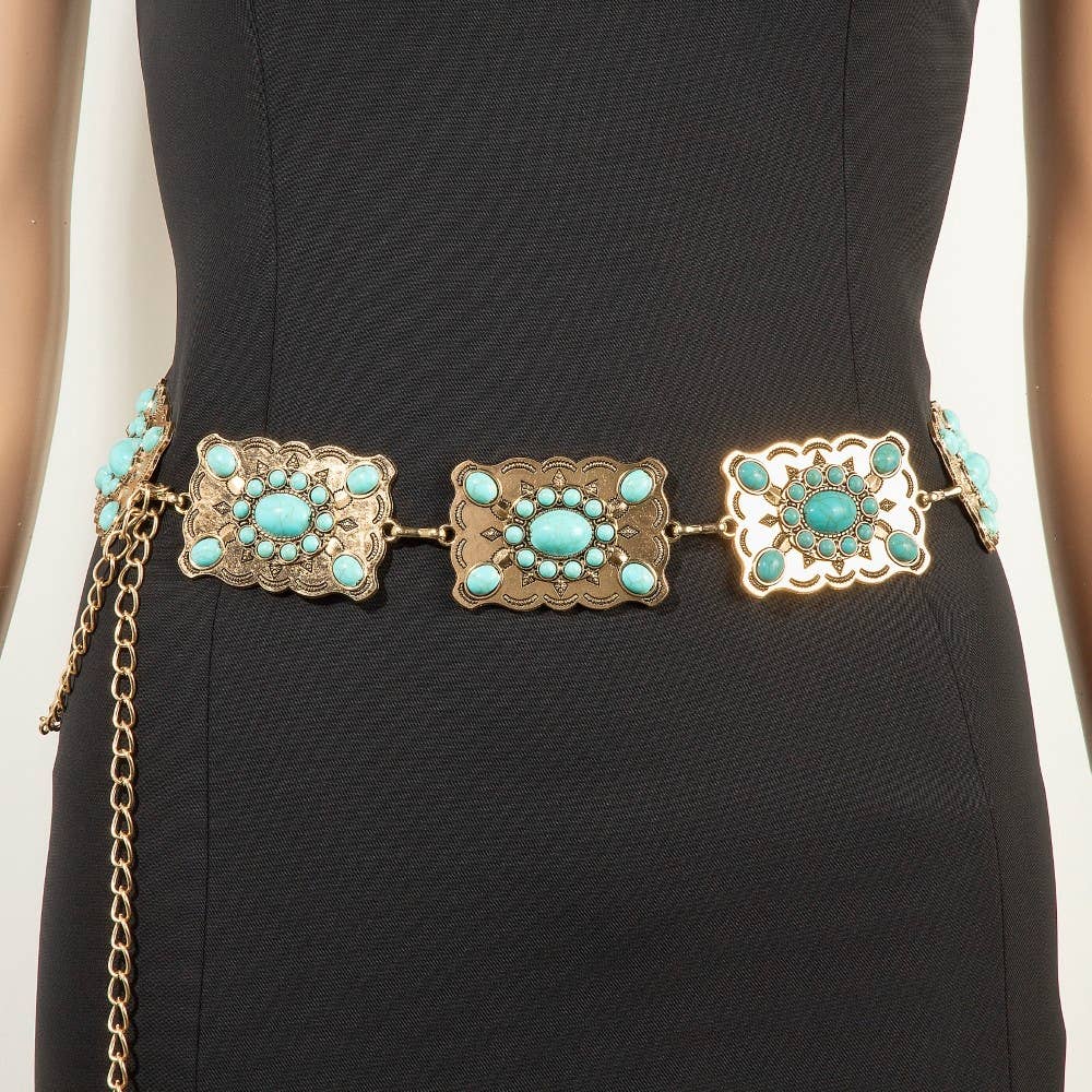 Western Mixed Turquoise Stud Rectangle Concho Chain Belt