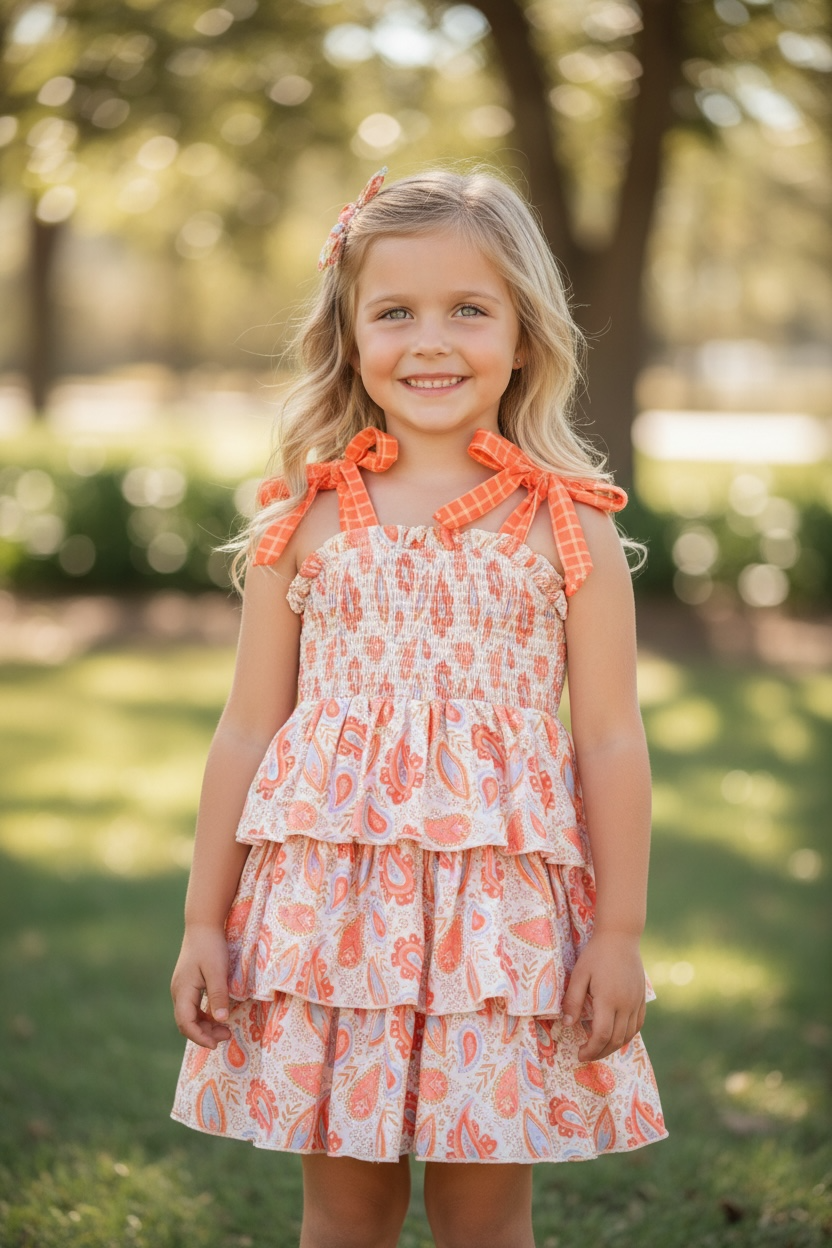 3 Tiered layered dress w/orange printed paisley.