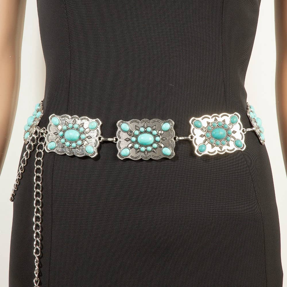 Western Mixed Turquoise Stud Rectangle Concho Chain Belt