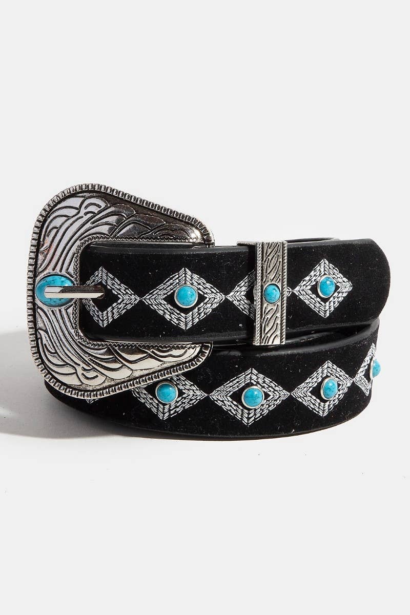 Turquoise Studs Western Concho Buckle Vegan Leather Belt