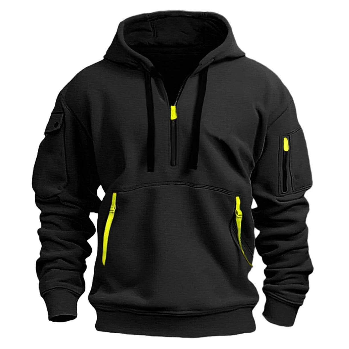 Men's Hooded Zip-Up Sweatshirt With Pockets Jacket in black with yellow accents and zippered pockets.