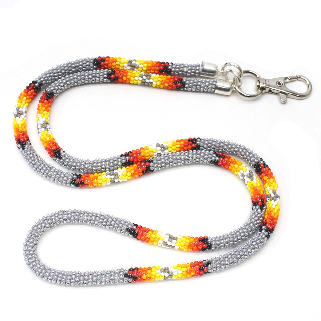 Handmade beaded Grey rope style lanyard with Czech glass beads in vibrant colors.
