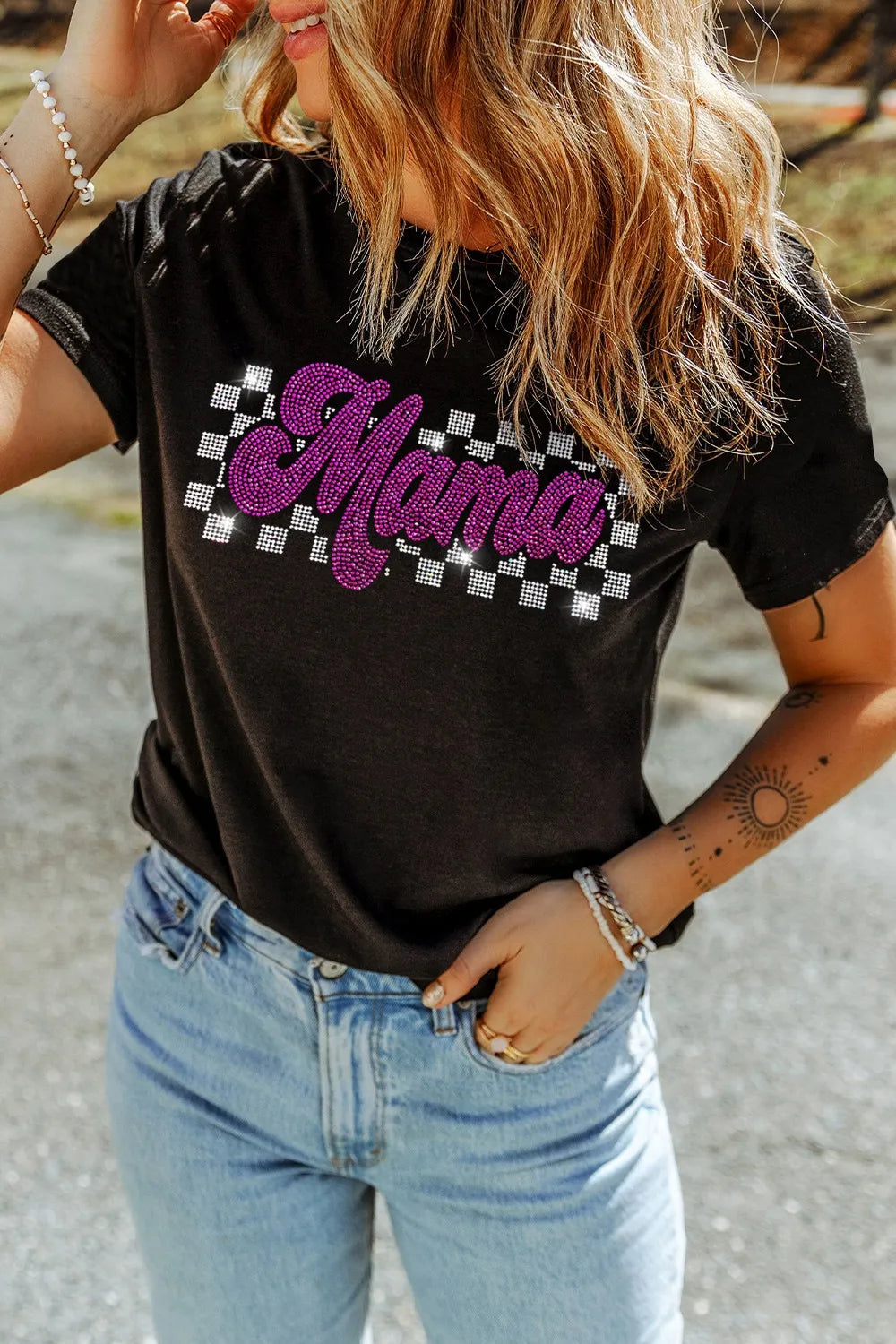 MAMA Rhinestone Letter Round Neck T-Shirt styled with jeans, showcasing a sparkling design and casual look.