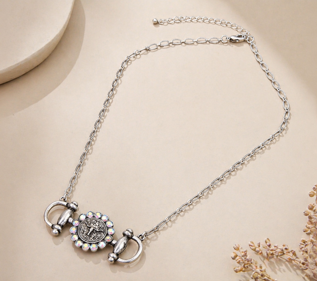 Western Style Horsebit Pendant Link Chain Steerhead Necklace
