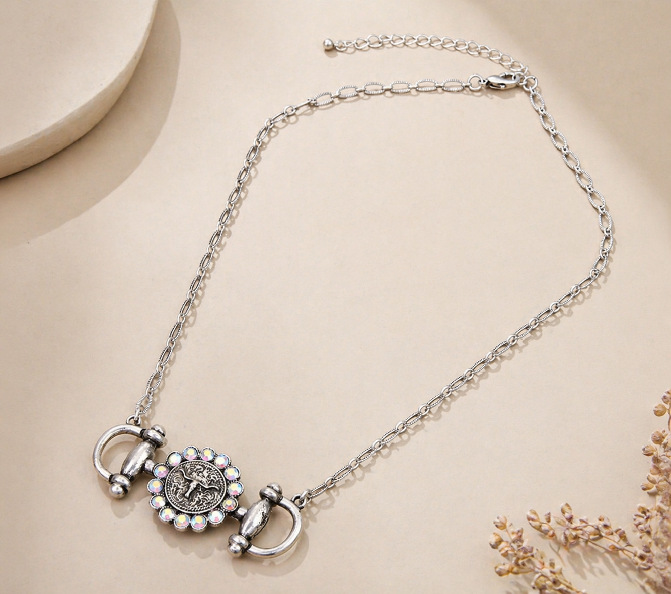 Western Style Horsebit Pendant Link Chain Steerhead Necklace