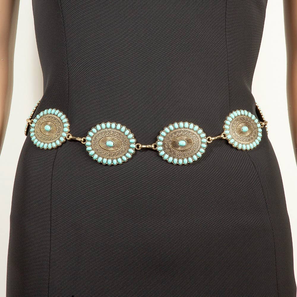 Western Mini Turquoise Stud Oval Concho Chain Belt