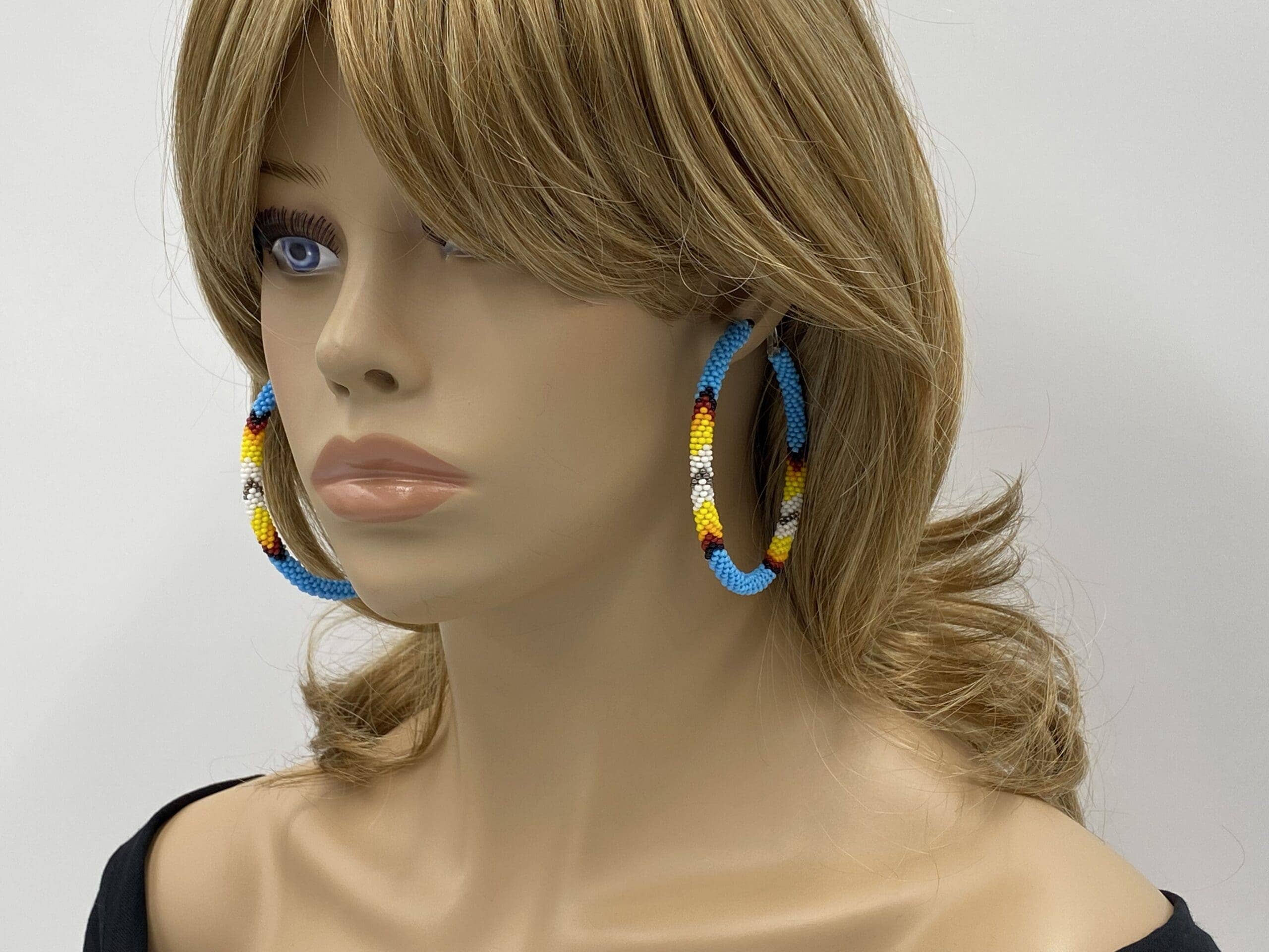 Handmade Native Style Hoop Earrings 3" - Cyan Blue Beaded