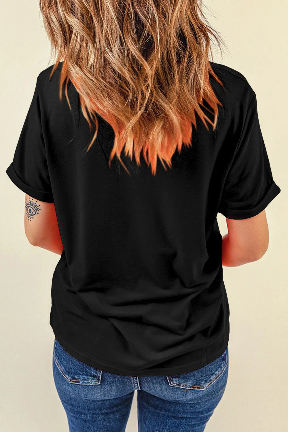 Letter Graphic Round Neck Short Sleeve T-Shirt shown from the back, highlighting the relaxed fit and short sleeves.