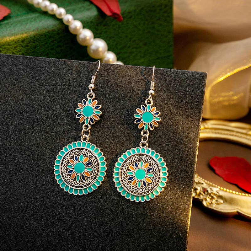 Bohemian - Style Floral Disc Dangle Earrings