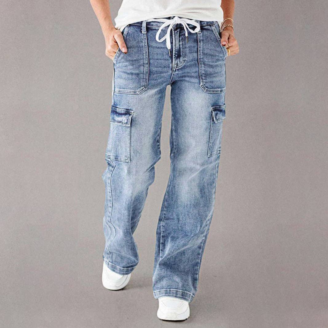 Women Fashion Casual Cargo Jeans with Pockets and Lace-Up Detail