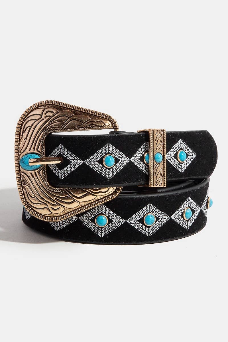 Turquoise Studs Western Concho Buckle Vegan Leather Belt