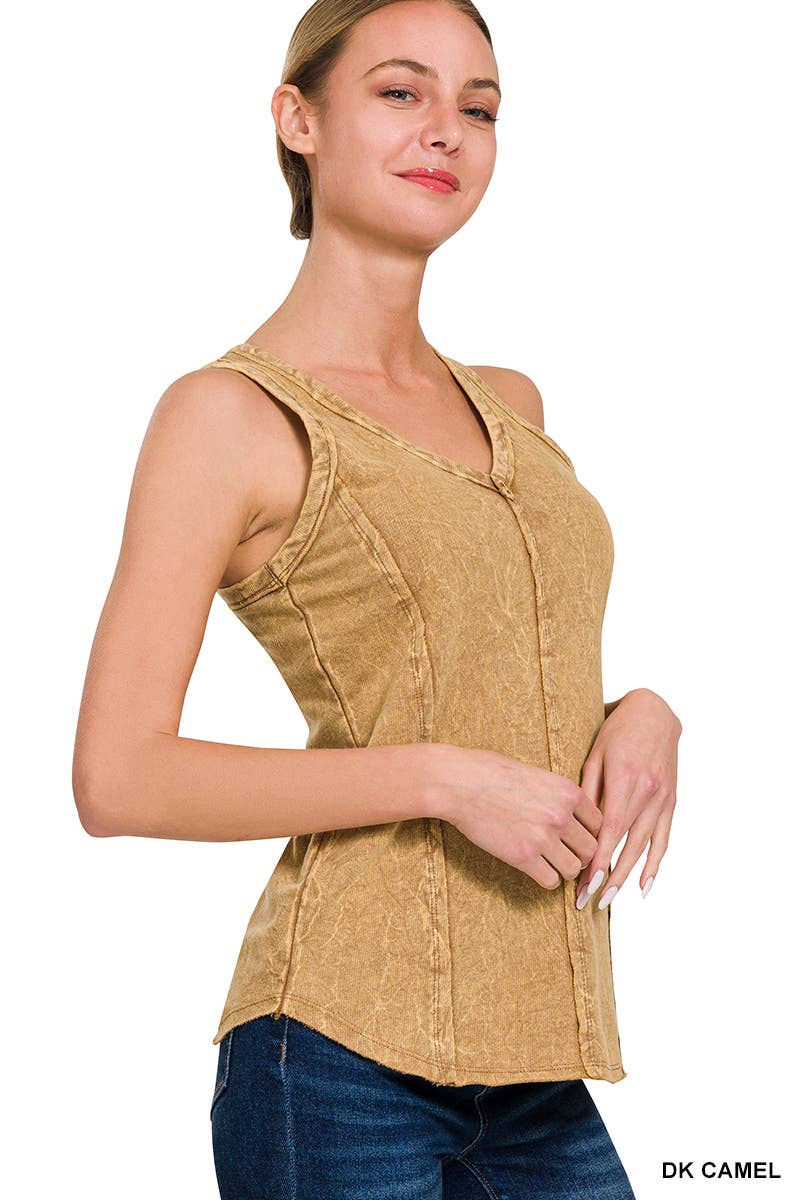 `.Washed Raw Edge V Neck Sleeveless Top