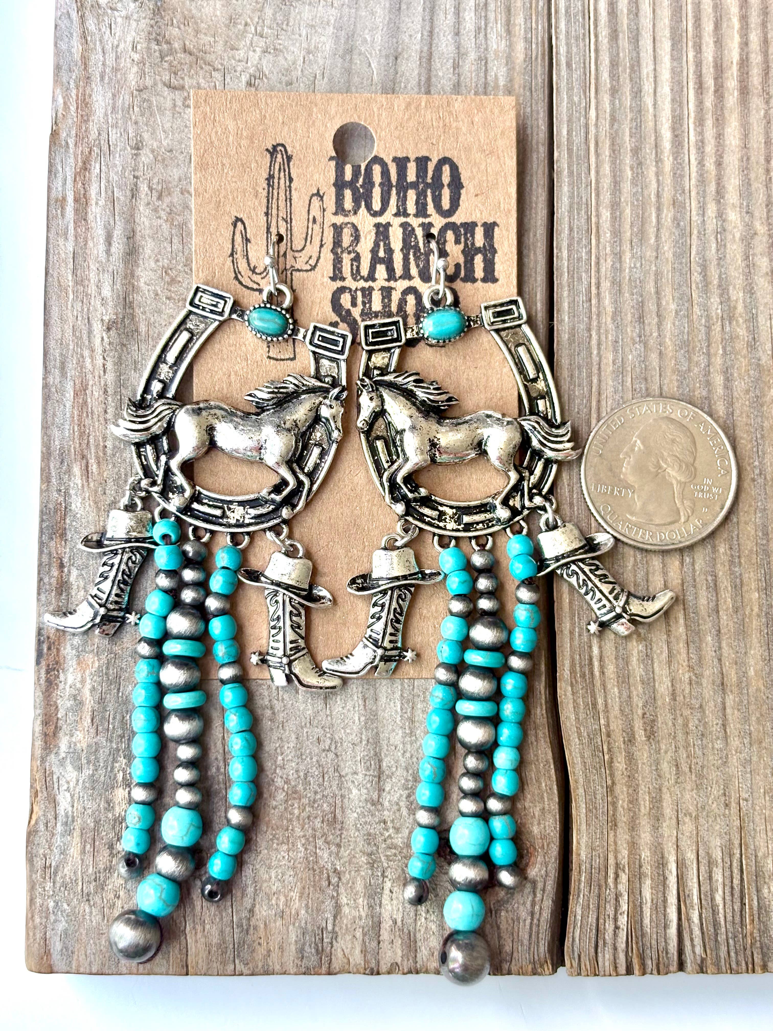 Western Statement Horseshoe Stone Dangle Drop Earrings