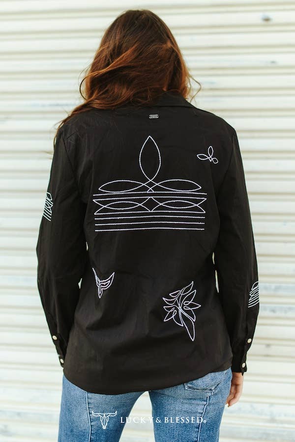 Plus Black Boot-stitch Embroidered Pearl Snap Collar Shirt