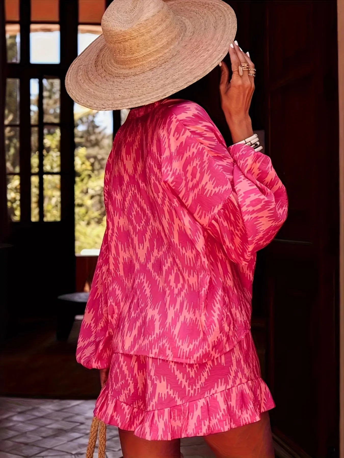 Printed Balloon Sleeve Top and Shorts Set shown in pink print with balloon sleeves and ruffled shorts, perfect for casual outings.