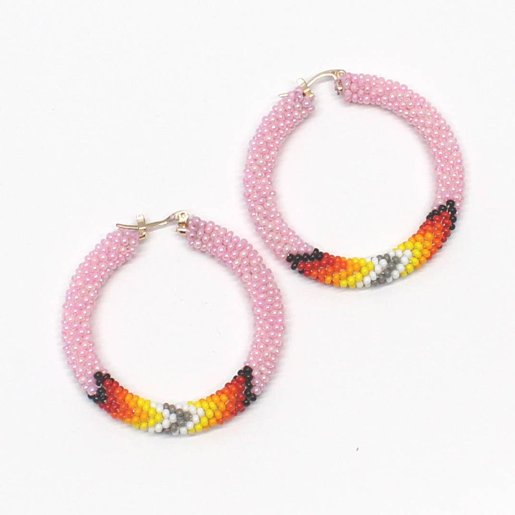 Handmade Pink Multicolor Native-Style Hoop Earrings 2”
