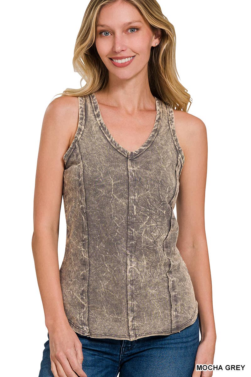`.Washed Raw Edge V Neck Sleeveless Top