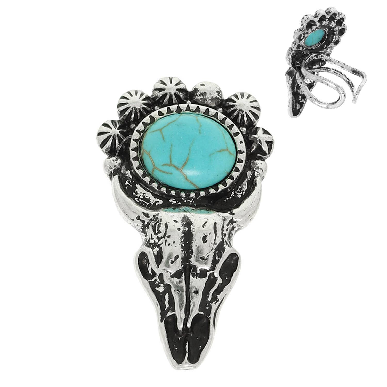 Western Turquoise Longhorn Skull Cuff Ring