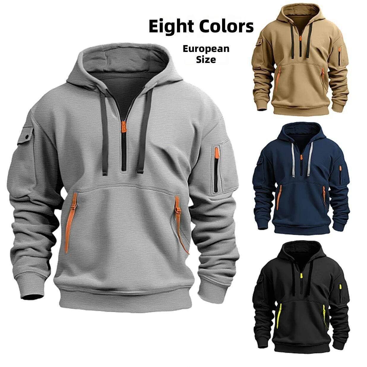 Men's Hooded Zip-Up Sweatshirt With Pockets Jacket in eight colors and European size options.