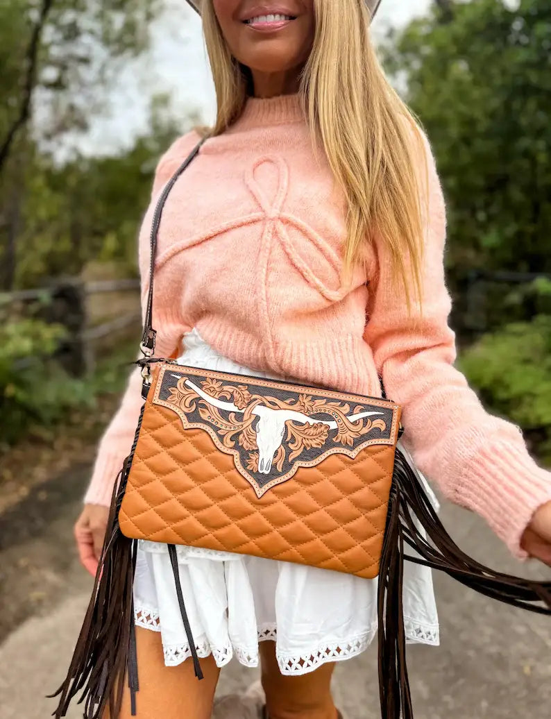 LAINEY CROSSBODY steer longhorn -quilted leather purse bag