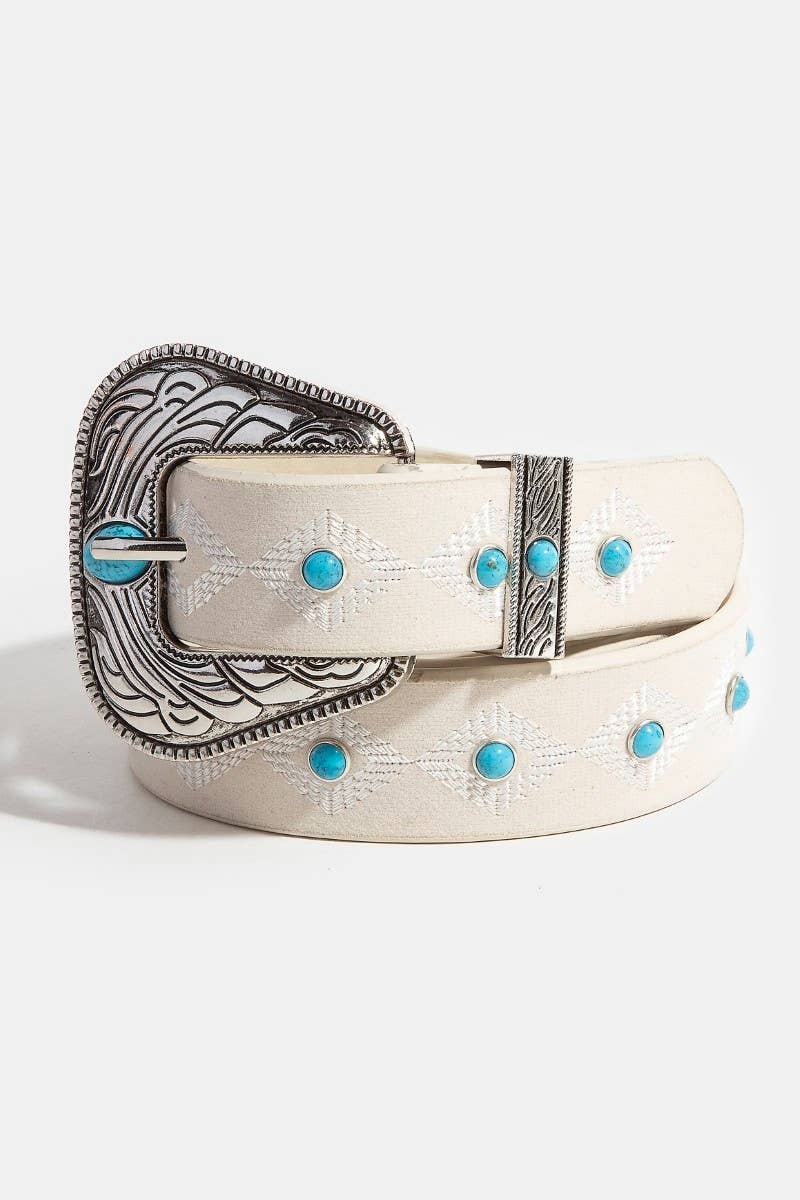 Turquoise Studs Western Concho Buckle Vegan Leather Belt