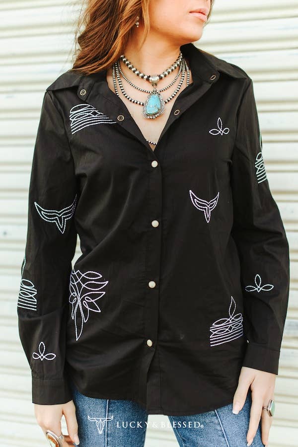Plus Black Boot-stitch Embroidered Pearl Snap Collar Shirt