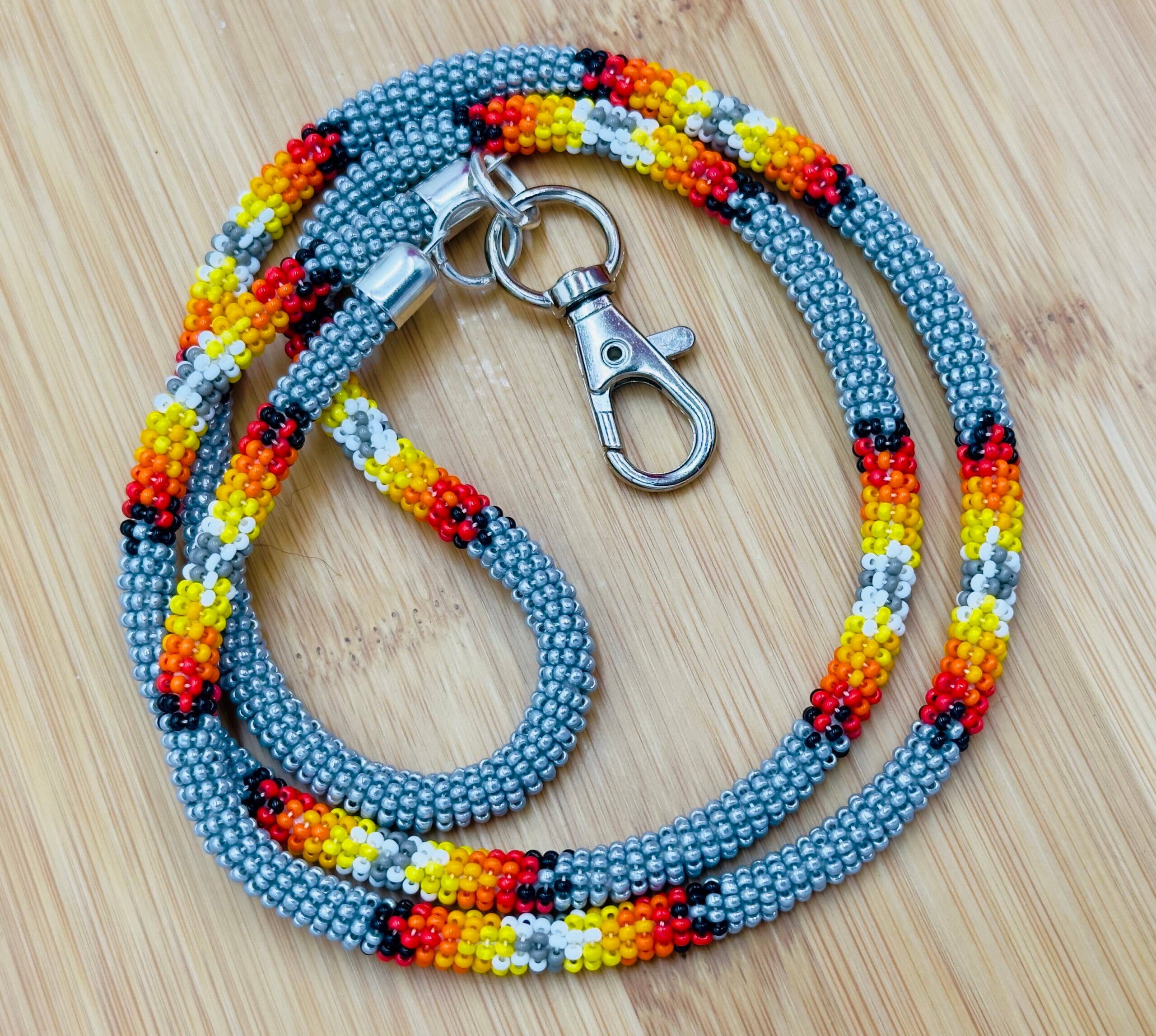 Handmade beaded Grey rope style lanyard featuring premium Czech glass beads in vibrant colors.