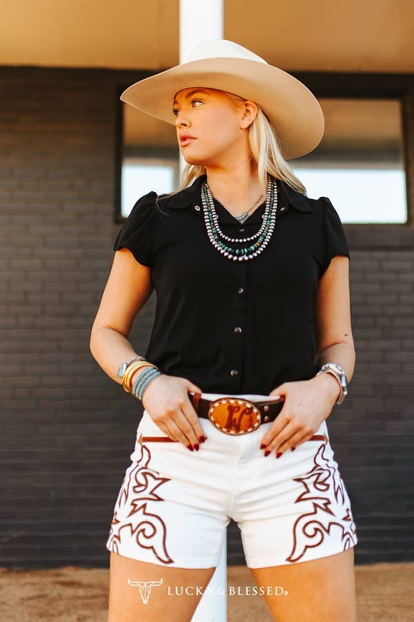 Ivory W Brown Western Pocket Boot-stitch Shorts (5")